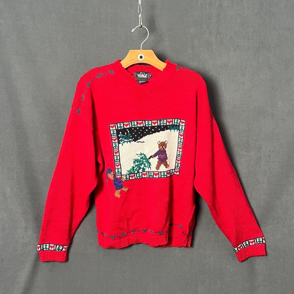 Vtg 80s Woolrich Teddy Bear Christmas Sweater Womens Large Red Ramie Cotton